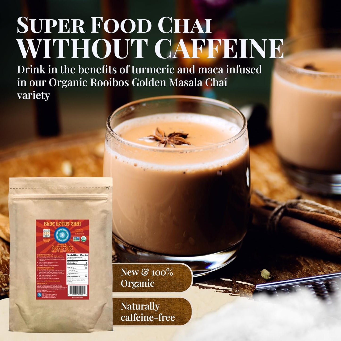 Blue Lotus Chai - Golden Masala Flavor Chai - Makes 100 Cups - 3 Ounce Masala Spiced Chai Powder with Organic Spices - Instant Indian Tea No Steeping - No Gluten