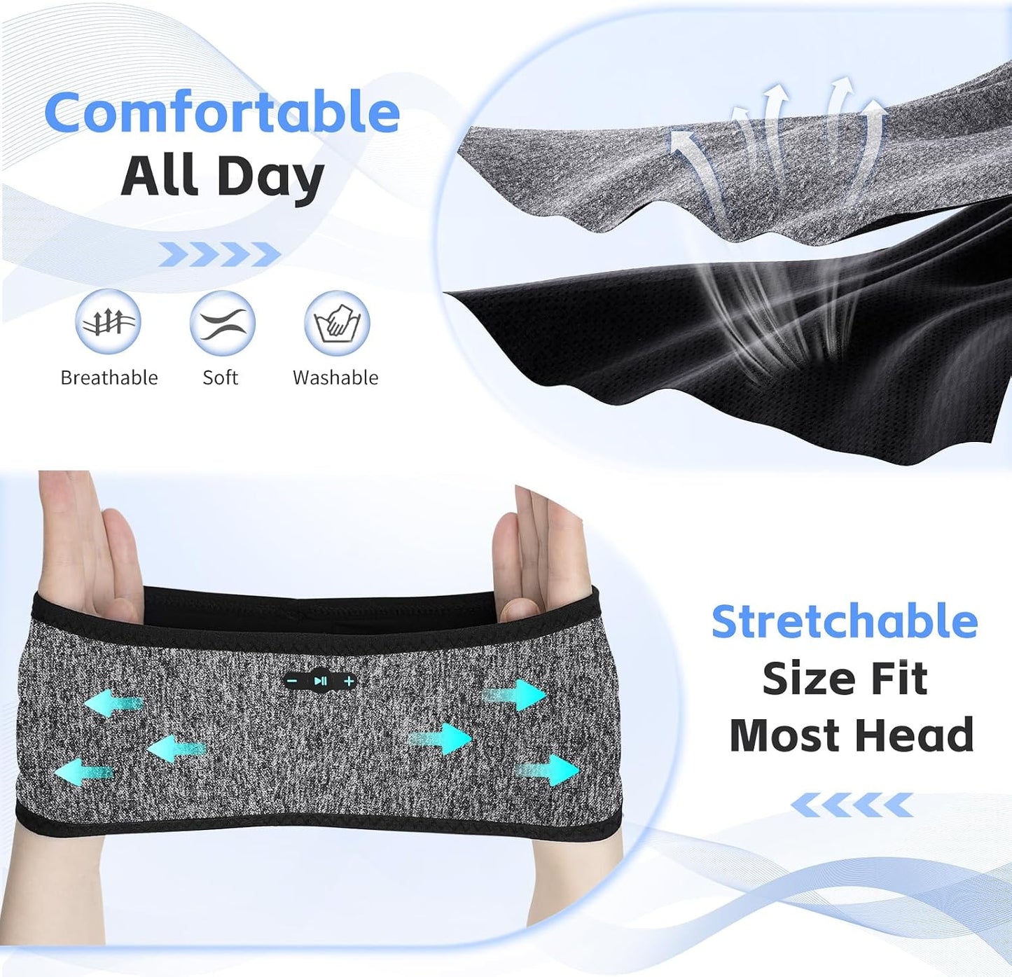 Sleep Headphones Bluetooth 6.0 Headband, 3-IN-1 Sleeping Headband Headphones for Side Sleepers with 20H PlayTime, HD Stereo, Removable and Washable Wireless Headband for Sleeping Sport (Black)