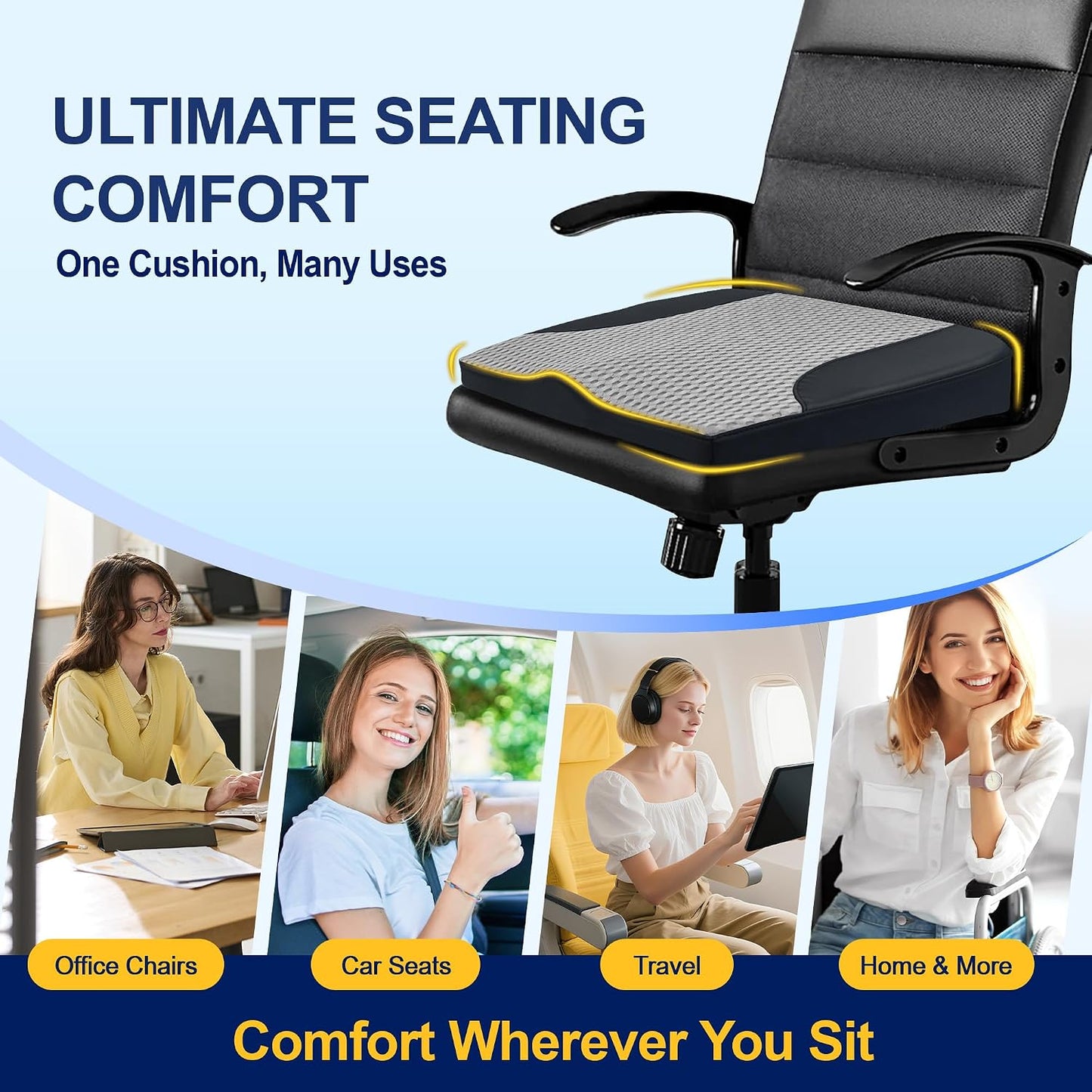 kingphenix Premium Car Seat Cushion, Memory Foam Driver Seat Cushion to Improve Driving View- Coccyx & Lower Back Pain Relief - Seat Cushion for Car, Truck, Office Chair (Leather Black)