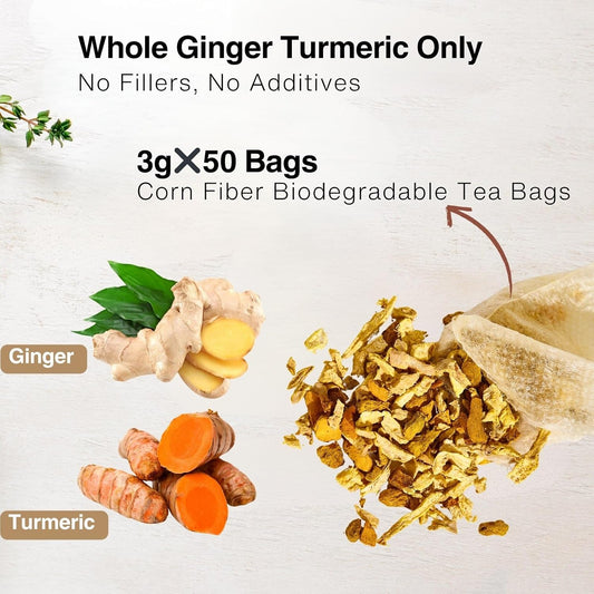 50 Ginger Turmeric Tea Bags – Premium Herbal Turmeric and Ginger Tea, Caffeine-Free