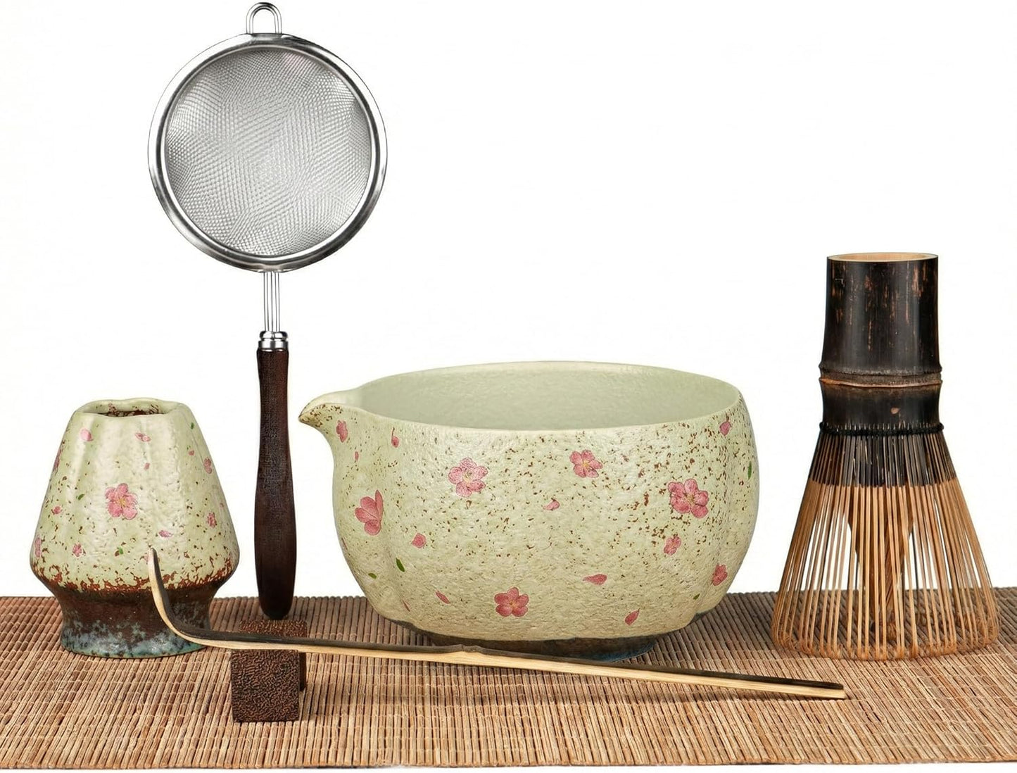 Matcha Whisk Set, 7-Piece Matcha Kit with Ceramic Bowl, Bamboo Whisk, Scoop, Sifter, Holder & Bamboo Mat – Premium Matcha Tea Set for Beginners & Matcha Lovers