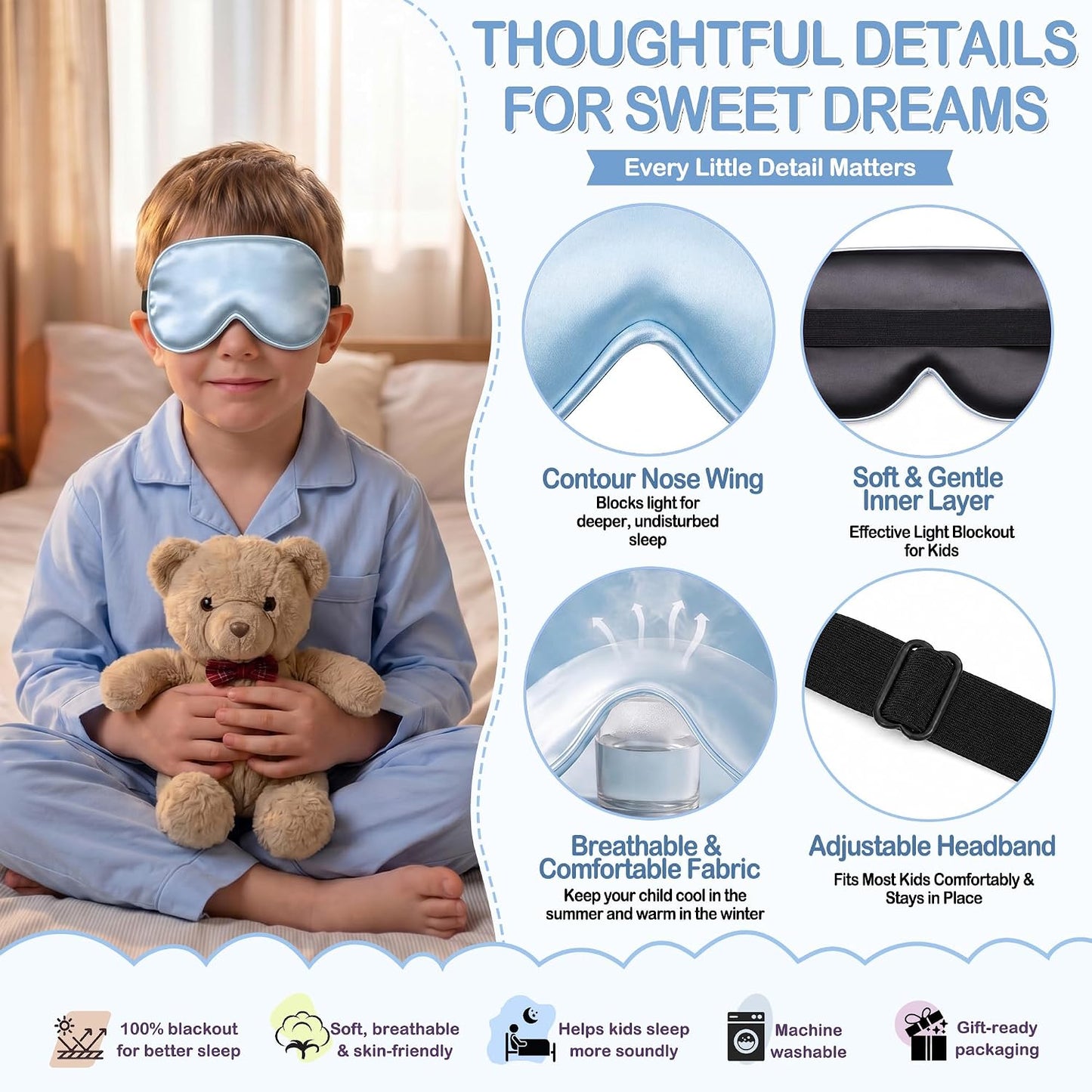 Kids Sleep Mask, Soft Eye Mask for Boys Girls with Adjustable Strap, Silk Light Blocking Sleeping Mask for Naps, Travel and Night Sleep, Includes Laundry Bag (Black)
