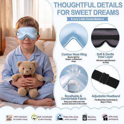 Kids Sleep Mask, Soft Eye Mask for Boys Girls with Adjustable Strap, Silk Light Blocking Sleeping Mask for Naps, Travel and Night Sleep, Includes Laundry Bag (Black)