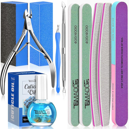 TsMADDTs Manicure Tools Kit Nail Care Kit with 3 pcs Files, 2 pcs Buffer Blocks, 2 Polishing Buffers, Cuticle Nipper, Pusher and Cuticle Oil