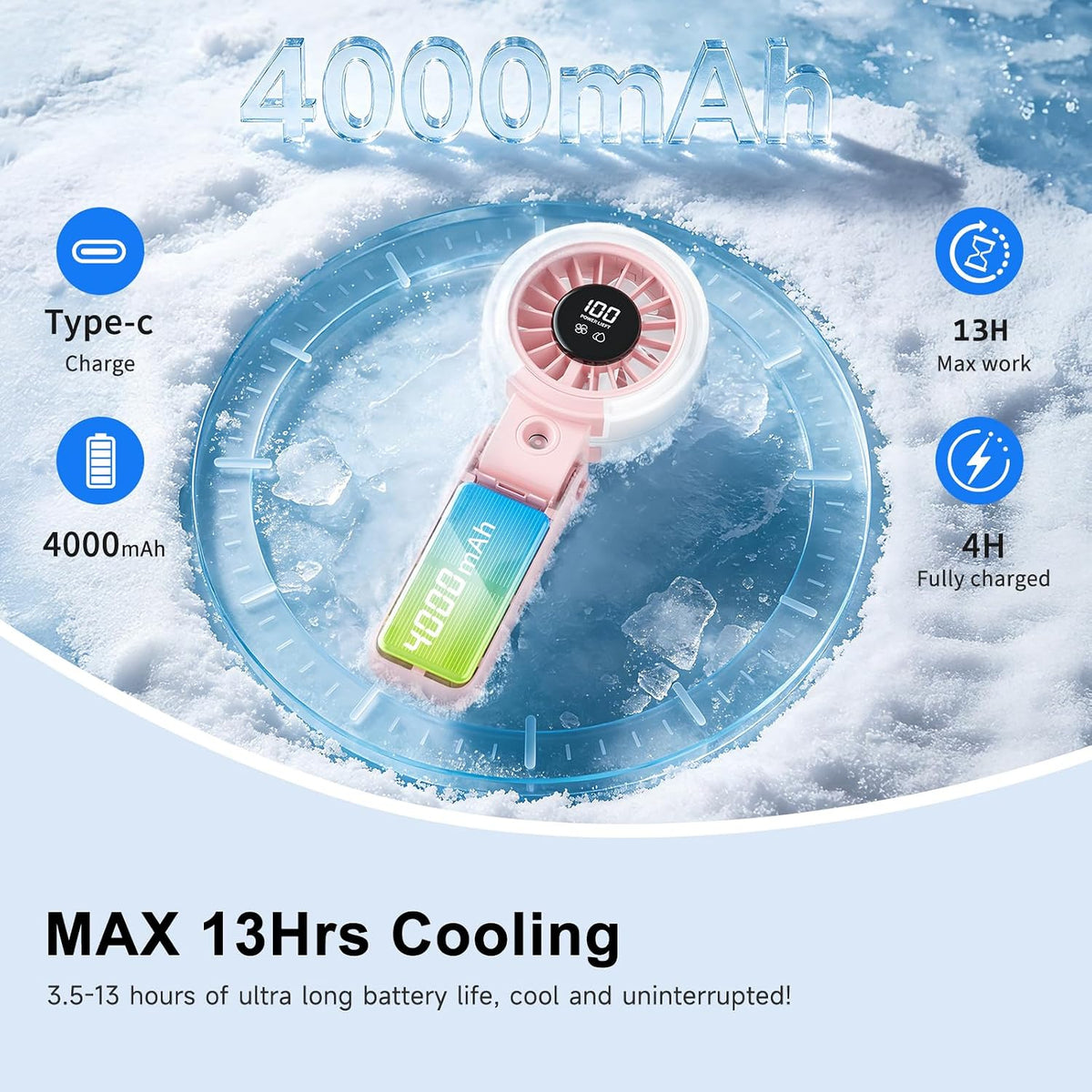 HandFan 4000mAh Handheld Turbo Misting Fan, 100 levels Adjustable High Speed Mister Fan, Portable Spray Water Mist Fans, Foldable Mini Hand Fans for Summer Beach Travel Concerts Disney(Royal Blue)