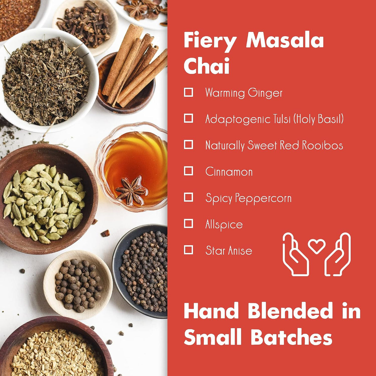 Big Heart Tea Co. Tea Bags - Fiery Masala Chai - Certified Organic, Ayurvedic Herbal Decaf Tea with Small Batch Ground Sweet Herbs and Spices including Adaptogenic Tulsi, Rooibos, Ginger, 50 Pack