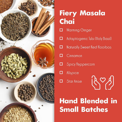 Big Heart Tea Co. Tea Bags - Fiery Masala Chai - Certified Organic, Ayurvedic Herbal Decaf Tea with Small Batch Ground Sweet Herbs and Spices including Adaptogenic Tulsi, Rooibos, Ginger, 50 Pack