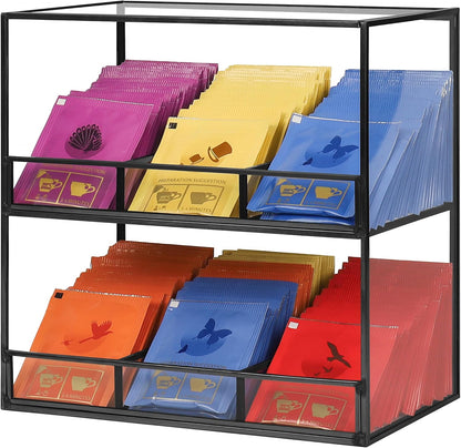 REDHUGO Glass Tea Bag Organizer for Counter, 2-Tier Teabag Organizer Storage Holder for Tea Bags, Glass Caddy Box Containers, Rack Teabag Station Stand for Cabinet Kitchen, 2-Tier, Gold