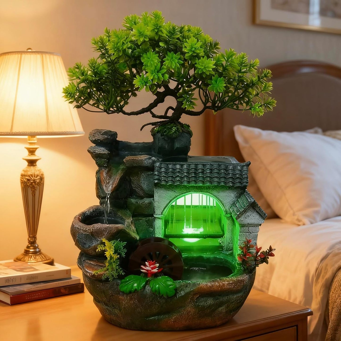 Mini Artificial Bonsai Tree Waterfall Fog Feature Rock Tabletop Fountain | 11in Desktop Decor Waterfall Fountain W/ Water Pump& Atomizer&LED Lights &Fake Tree Office Bedroom Relax