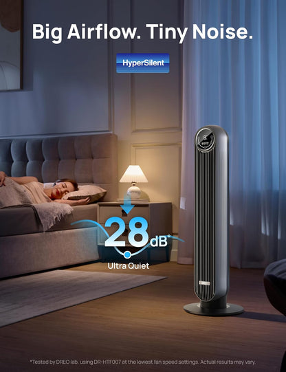 DREO Tower Fan for Bedroom, 2026 Upgraded DC Motor, 28ft/s High Velocity, 20dB Ultra Quiet Standing Fan, 8 Speeds 4 Modes, 90° Oscillating Bladeless Fan for Indoors, Floor Fans with Remote, Black