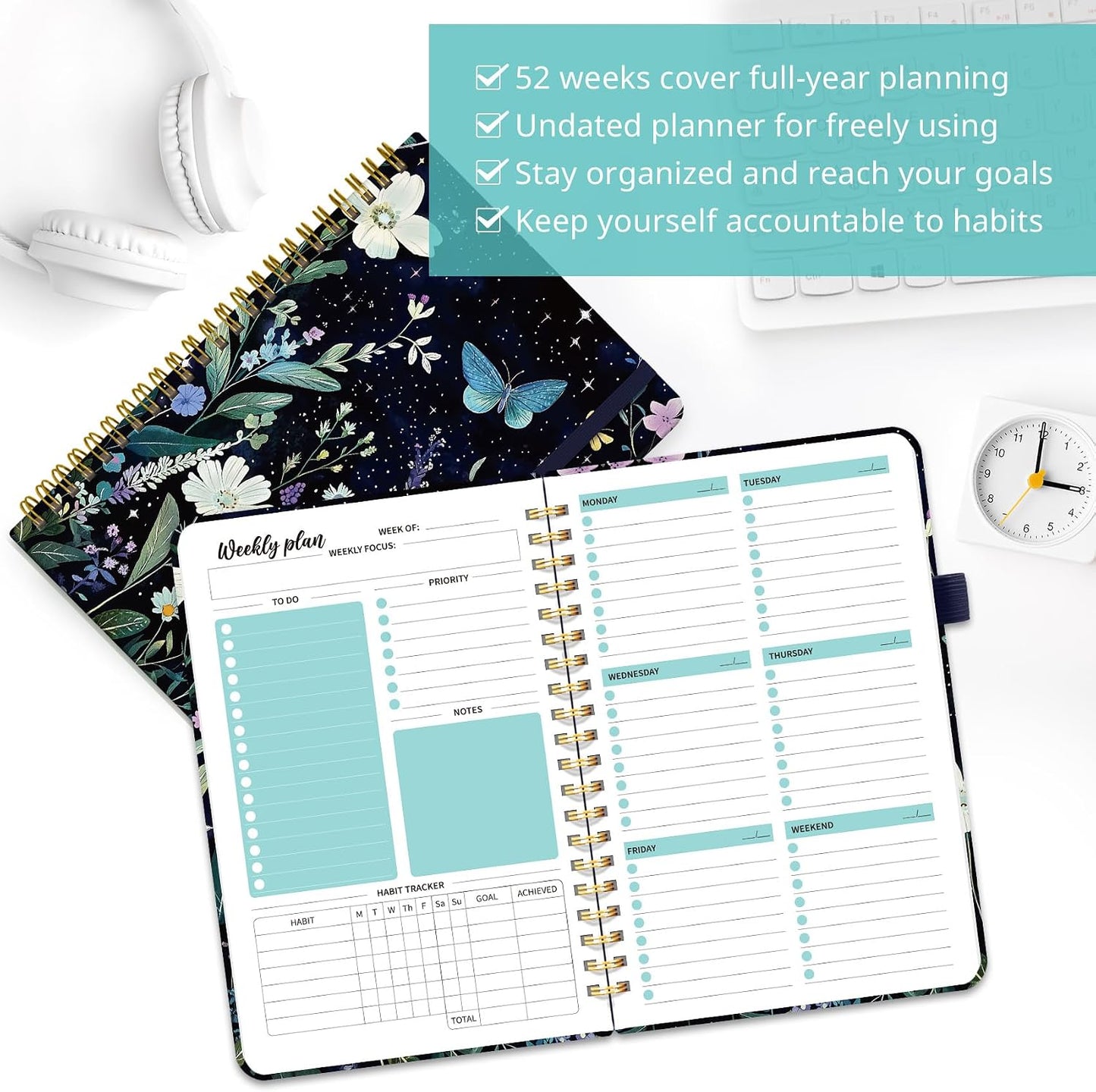 Taja Undated Weekly Planner, Weekly To Do List Notebook with Goal & Habit Tracker Organizer, A5 Weekly Planner Notebook with Spiral Binding, 6.1" x 8.2" - Green