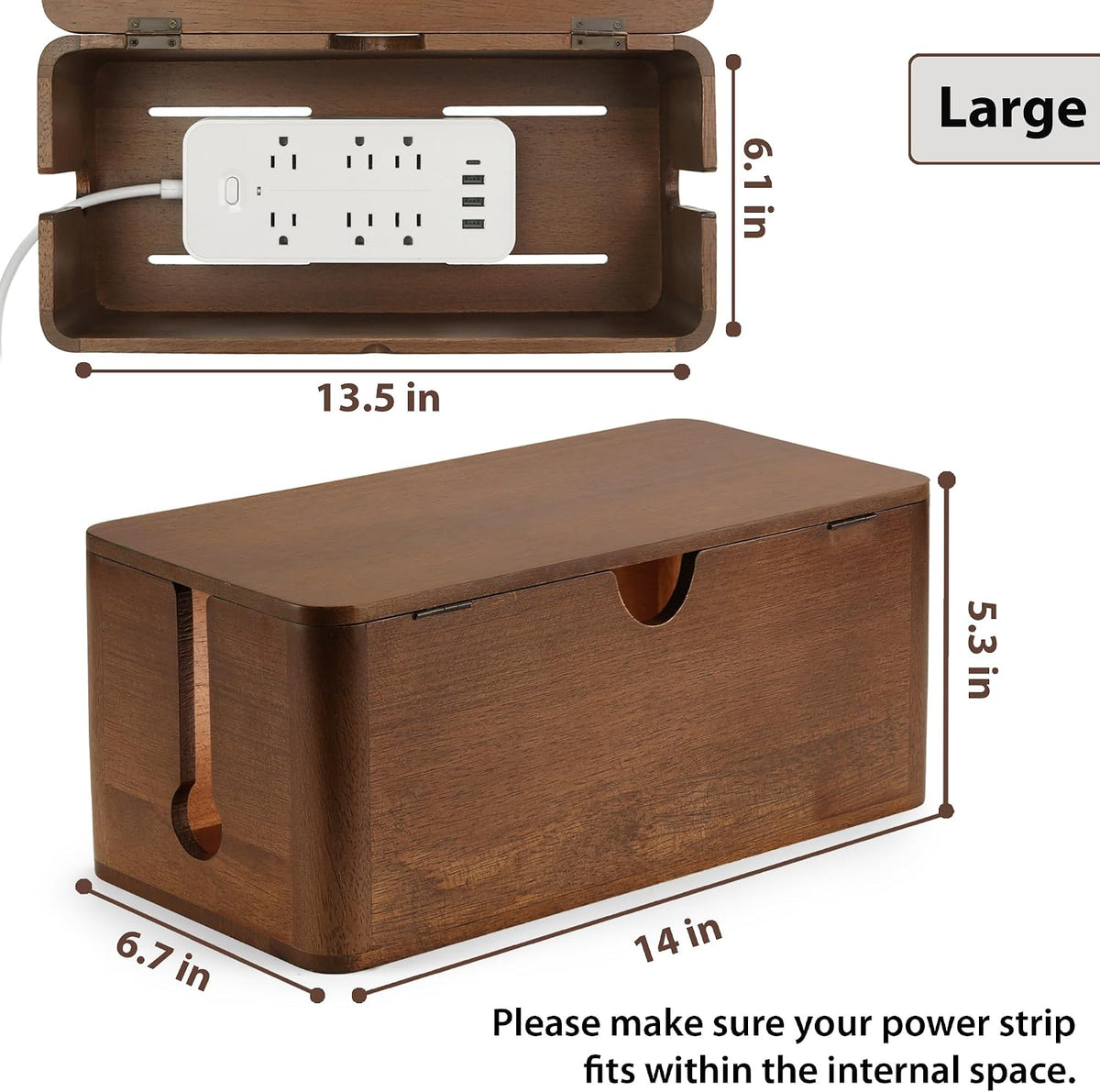 ZhiYo Wood Cable Management Box, Medium Cord Organizer Box for Power Strip
