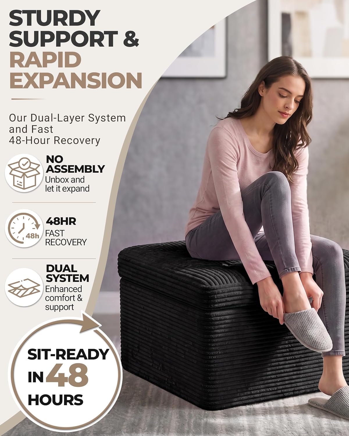 23.6in Pouf Ottoman, Corduroy Ottoman Foot Rest with Dual‑Layer Support, Large Plush Pouf with Soft Chunk‑Foam Top & Firm Foam Base, Floor Foot Stool for Living Room, Beige
