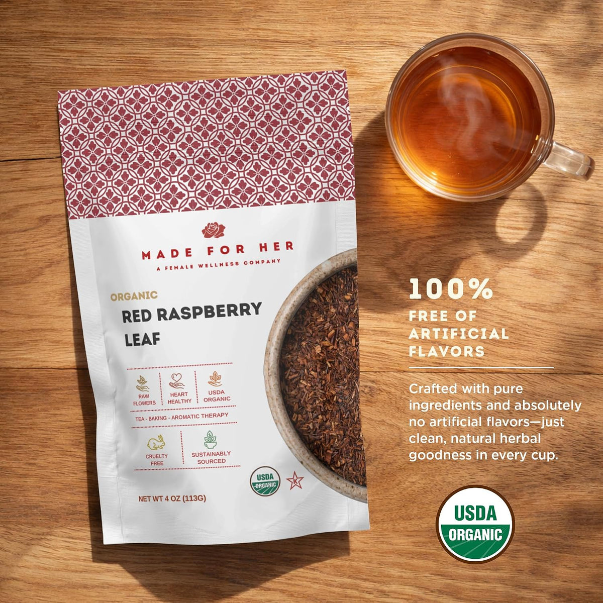 Made For Her Raspberry Leaf Tea – Cut and Sifted Loose Leaf Herbal Tea – Caffeine Free Botanical Tea for Daily Wellness & Relaxation Rituals – 4 oz