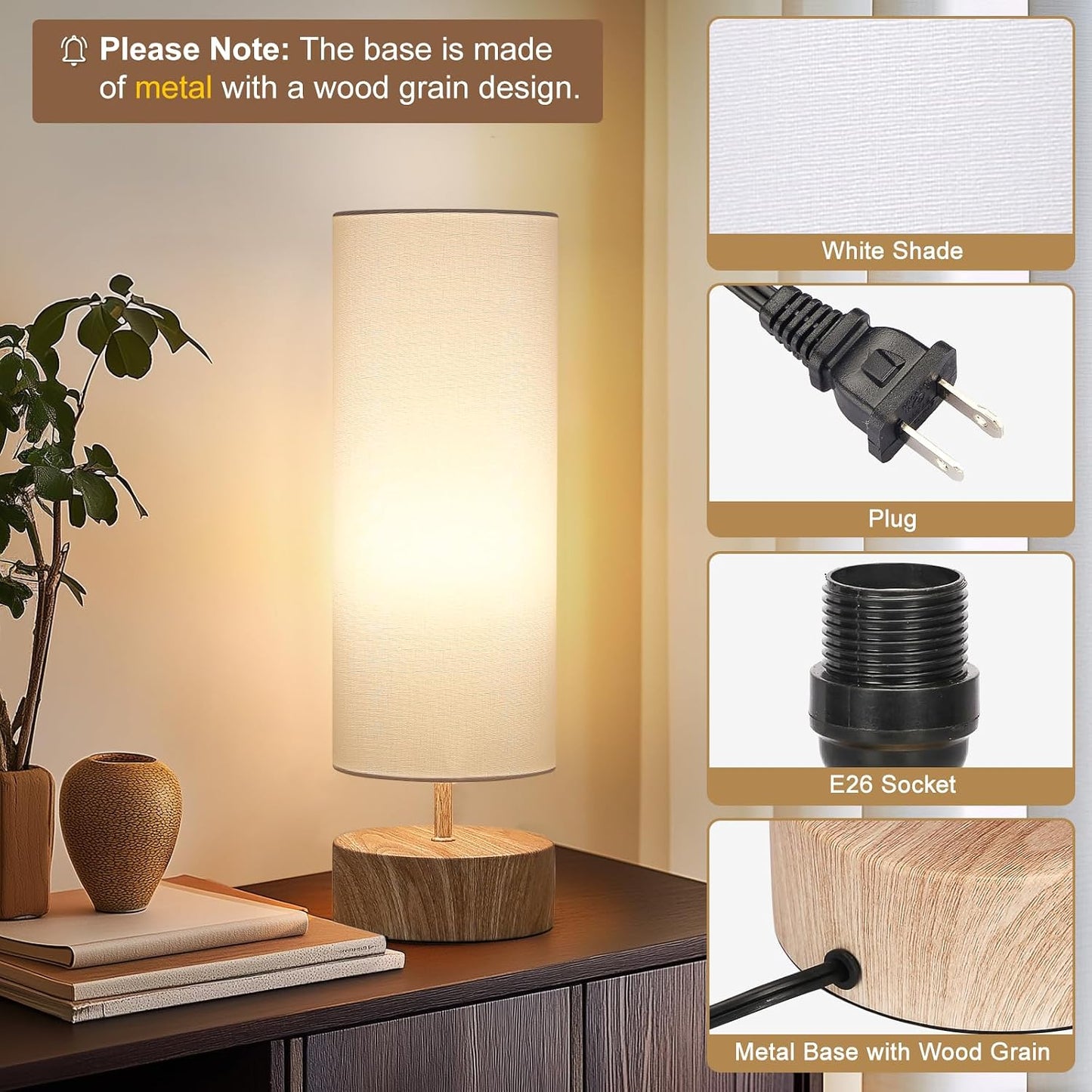 Touch Table Lamp, 3-Way Dimmable Modern Minimalist Accent Bedside Lamp with Cylinder Fabric Shade, Night Light Nightstand Desk Lamp for Bedroom Living Room Kitchen, 9W LED Bulb Included