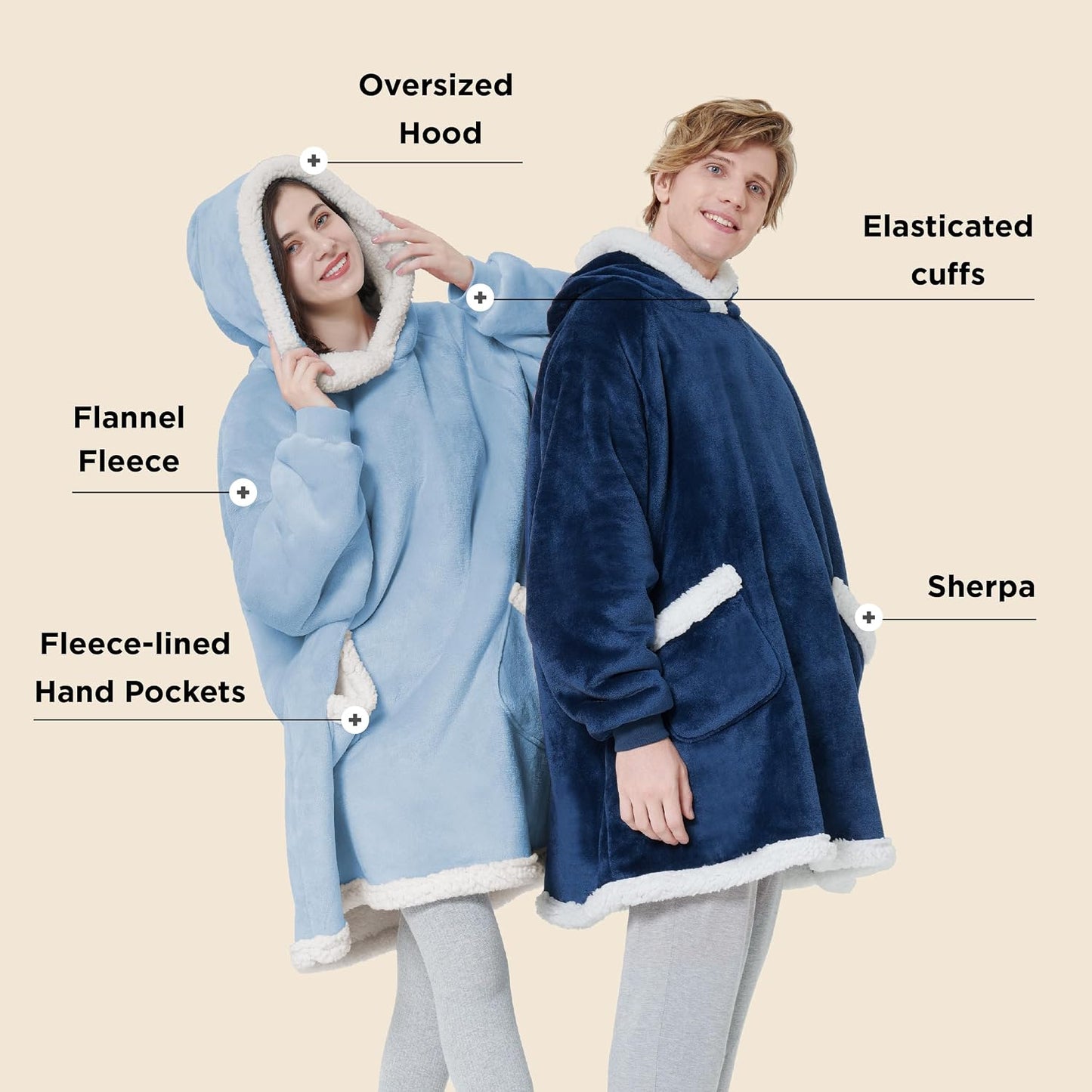 Bedsure Blanket Hoodie, Wearable Blanket Hoodie as Gifts for Mom, Birthday Gifts for Women Kids Teens Mother's Day Sherpa Sweatshirt, Grey, Standard