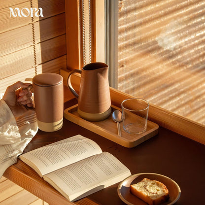 Mora Ceramics Large Tea Mug with Loose Leaf Infuser and Ceramic Lid, 18 oz, Portable, Microwave and Dishwasher Safe, Tall Coffee Cup - Rustic Matte Ceramic Glaze, Modern Herbal Tea Strainer, Olive