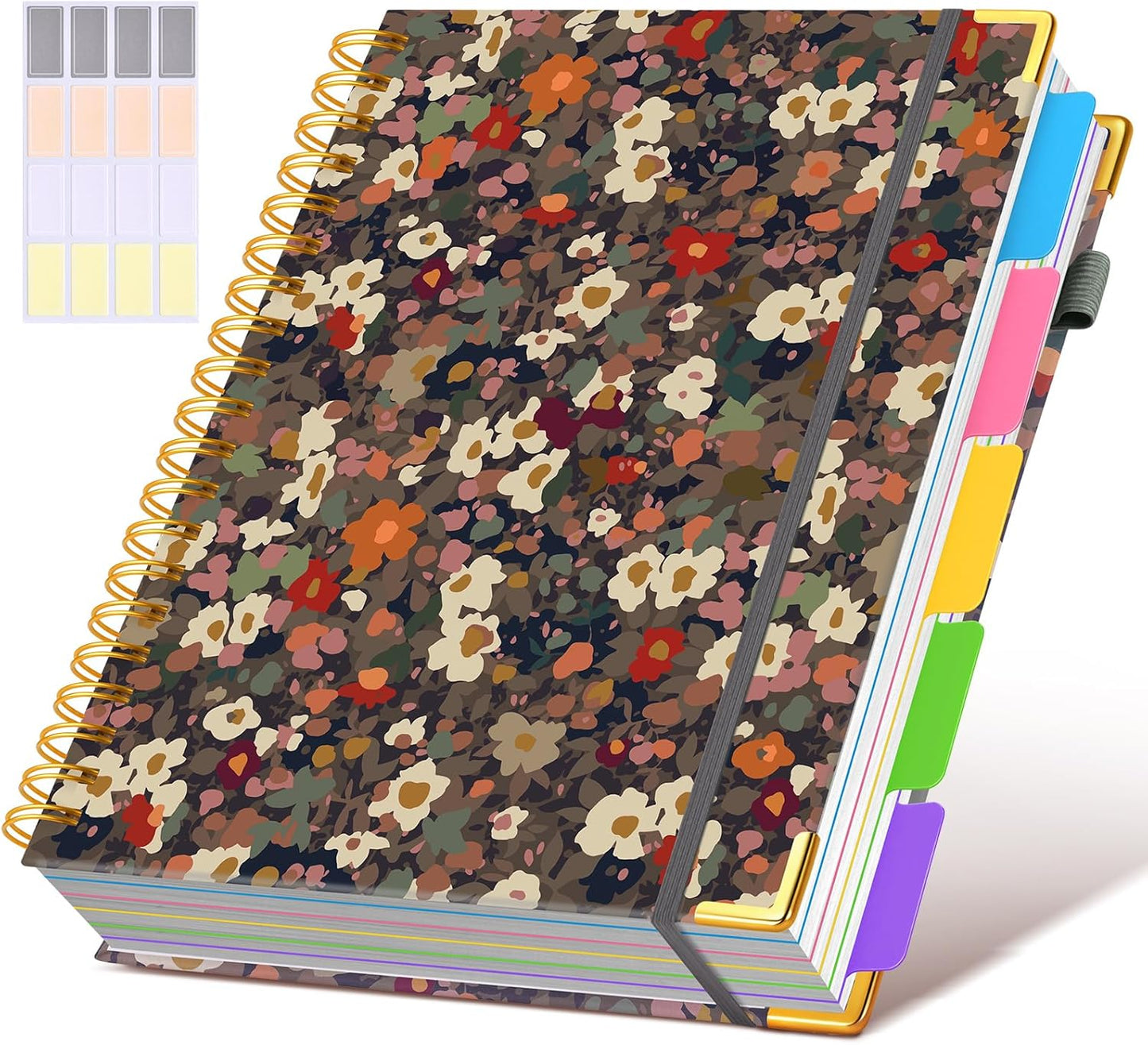Hardcover Spiral Notebook journal with Removable Dividers Tabs, 300 Pages Leather 5 Subject Notebook College Ruled, 8"x10" Large B5 Notebooks for Work School Note taking, Lined Journal for Women,Black