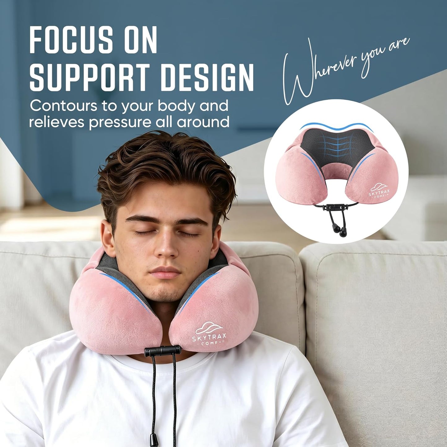 SkytraxComf® Travel Neck Pillow with Hood for Privacy on Long Flights | Memory Foam | Airplane Sleep | Safety-Tested Materials | Extra Large Hood | Chin Support | Earplugs | Washable Cover