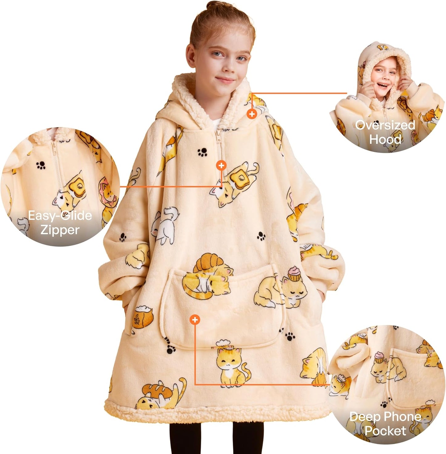 Giggling Getup Wearable Blanket Hoodie for Adults Gifts for Teen Girls Sister Women Sherpa Fleece Printed Hooded Blanket Sweatshirt Warm Cozy with Pocket & Sleeves Beige Cat