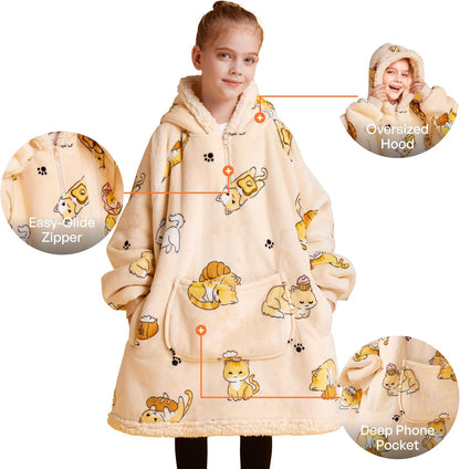 Giggling Getup Wearable Blanket Hoodie for Adults Gifts for Teen Girls Sister Women Sherpa Fleece Printed Hooded Blanket Sweatshirt Warm Cozy with Pocket & Sleeves Beige Cat