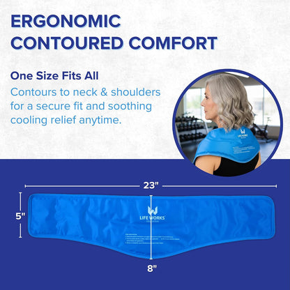 LIFE WORKS Gel Neck Ice Pack Wrap, Flexible Reusable Hot & Cold Pack, Soft Plush & Nylon Cover, Therapy Wrap for Neck, Shoulder & Upper Back Comfort, 23"x8"x5"