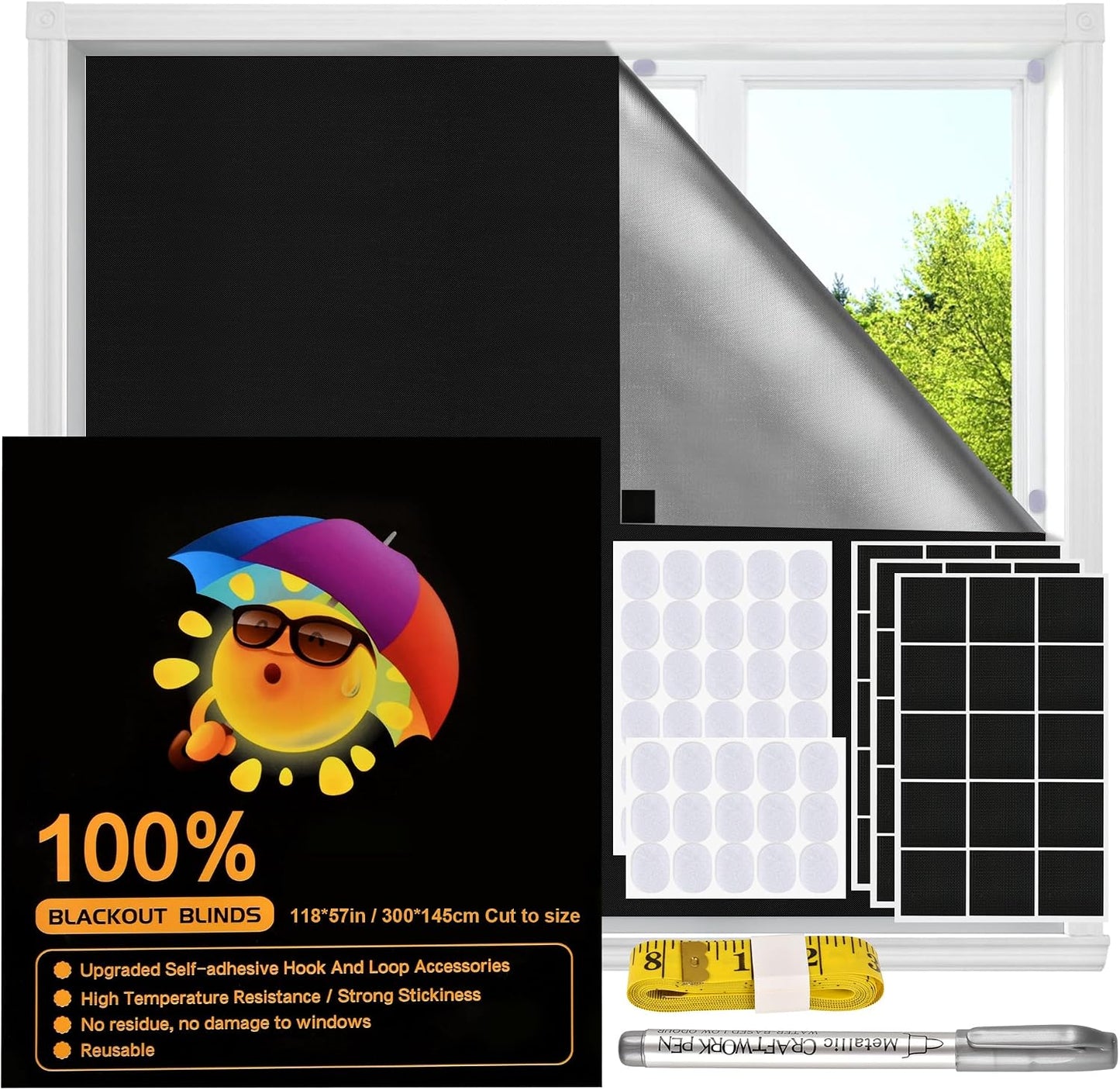 Blackout Window Cover, Upgraded Hook and Loop - Portable Shades No Residue and Longer Lasting, 100% Blackout Blinds for Window 79″ x 57″, Black Out Curtains for Bedroom and Baby Room 2m