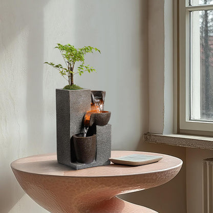 Resin Tabletop Waterfall Fountain with LED Light & Plant Pot, Indoor Desk Water Fountains for Home Office Decor (22028N)