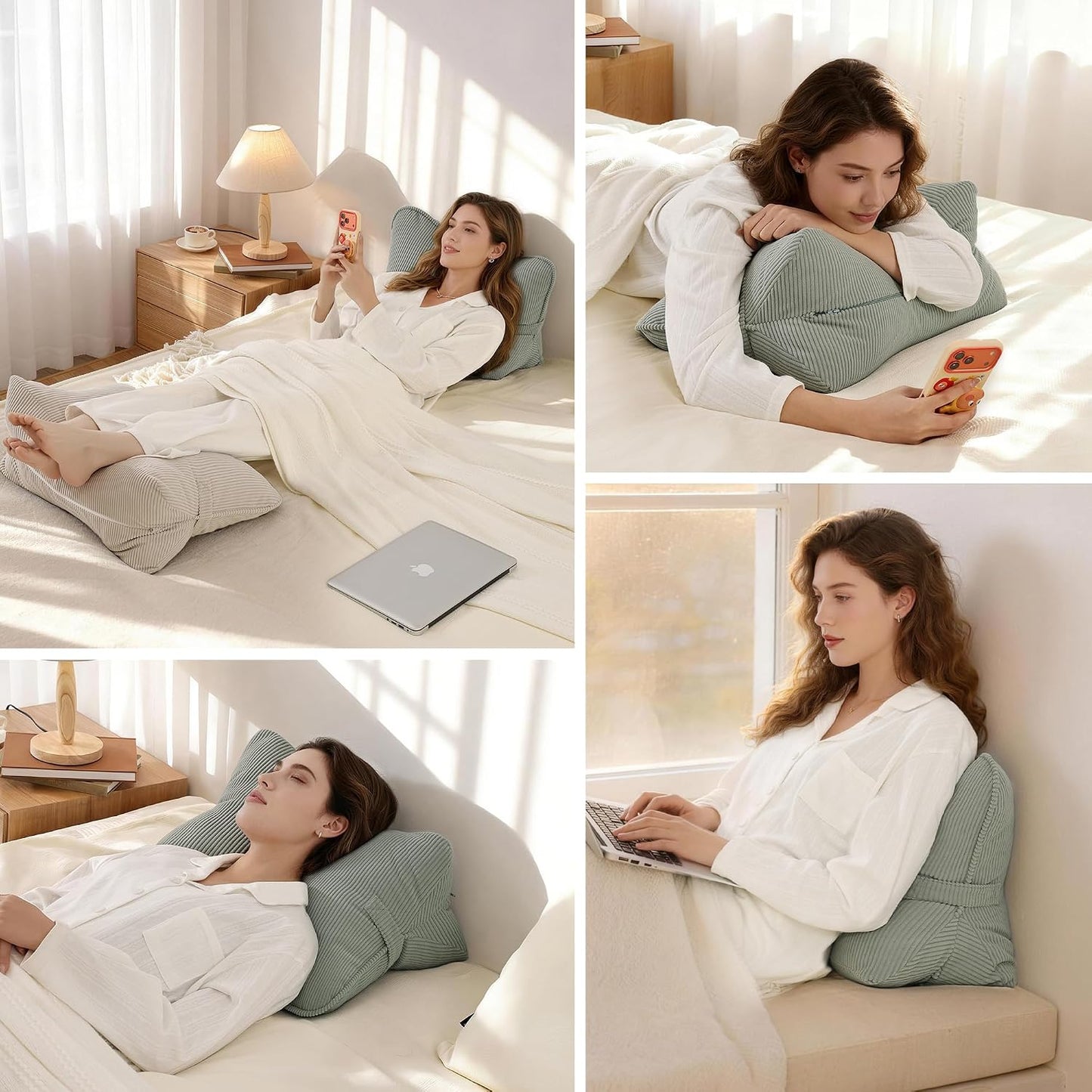 Pat. Pend. Corduroy Lumbar Support Back Pillow for Watching TV, Reading & Gaming, Ergonomic Triangle Support Cushion for Sofa, Armchair & Bed Sitting, Removable Washable Cover, Beige Gray
