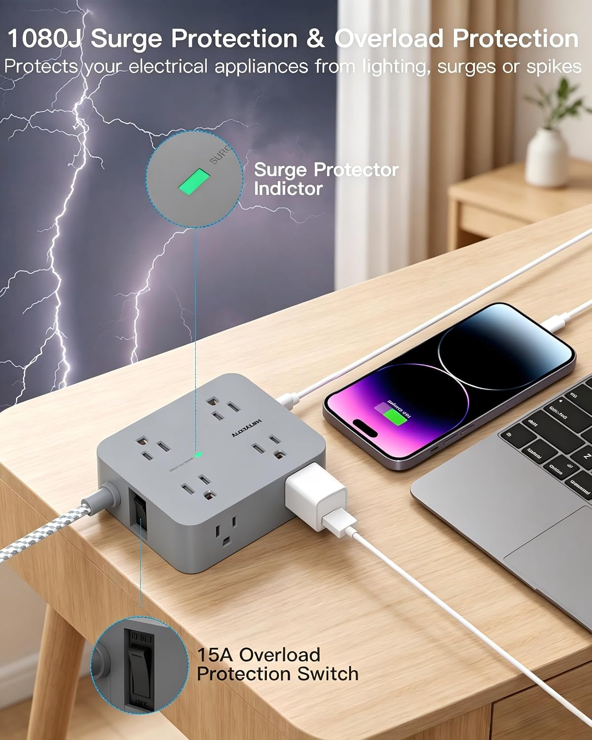 HANYCONY Surge Protector Power Strip, 1080J, 5 Ft Braided Extension Cord