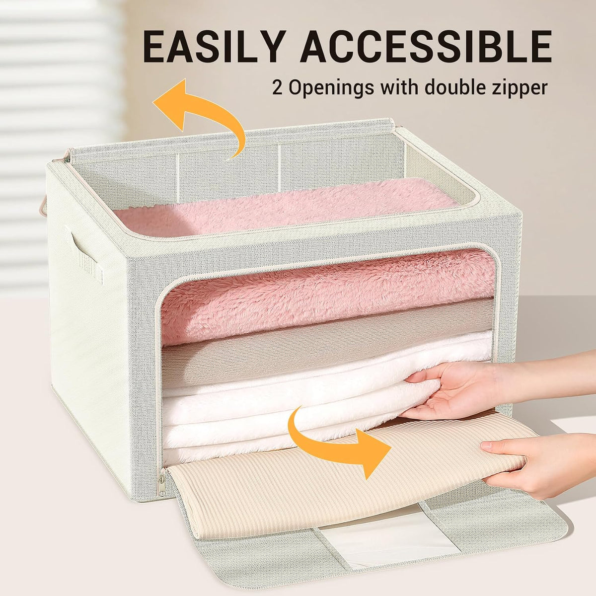 Clothes Storage Bins with Metal Frame Foldable Storage Box Clothes Organizers Storage Containers for Clothes Sheets Blankets Books Toys Gifts and Holiday Decorations (66Lx3 Pack)