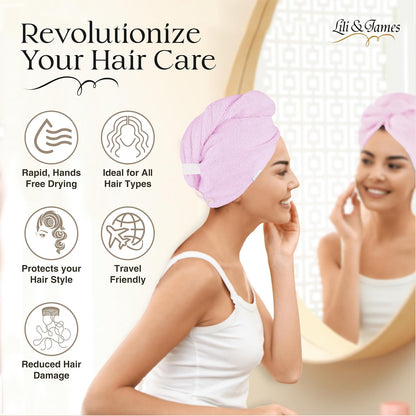 Lili&James 100% Cotton Hair Towel Wrap for Women & Kids – 420 GSM Quick Dry Hair Turban with Double Button Loop, Anti Frizz Non Microfiber Hair Drying Towel for Curly, Long & Thick Hair (Lilac)