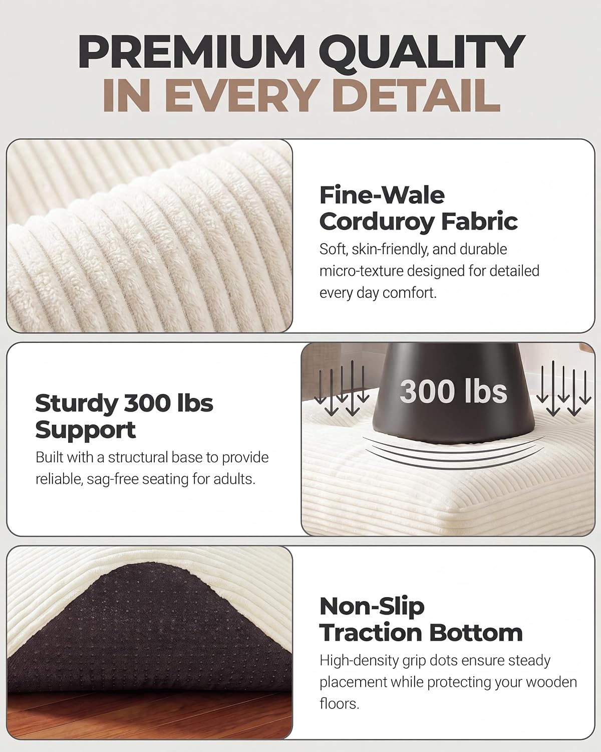 23.6in Pouf Ottoman, Corduroy Ottoman Foot Rest with Dual‑Layer Support, Large Plush Pouf with Soft Chunk‑Foam Top & Firm Foam Base, Floor Foot Stool for Living Room, Beige