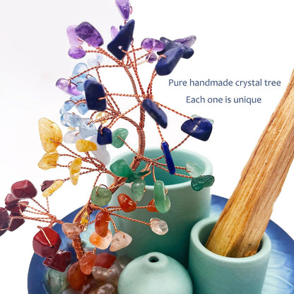 5 in 1 Incense Burner Holder with Crystal Healing Tree, Palo Santo Holder, Sage Holder, Incense Holder for Sticks/Cones/Candles, Ceramic Tray Ash Catcher for Burning Incense, Meditation Gift