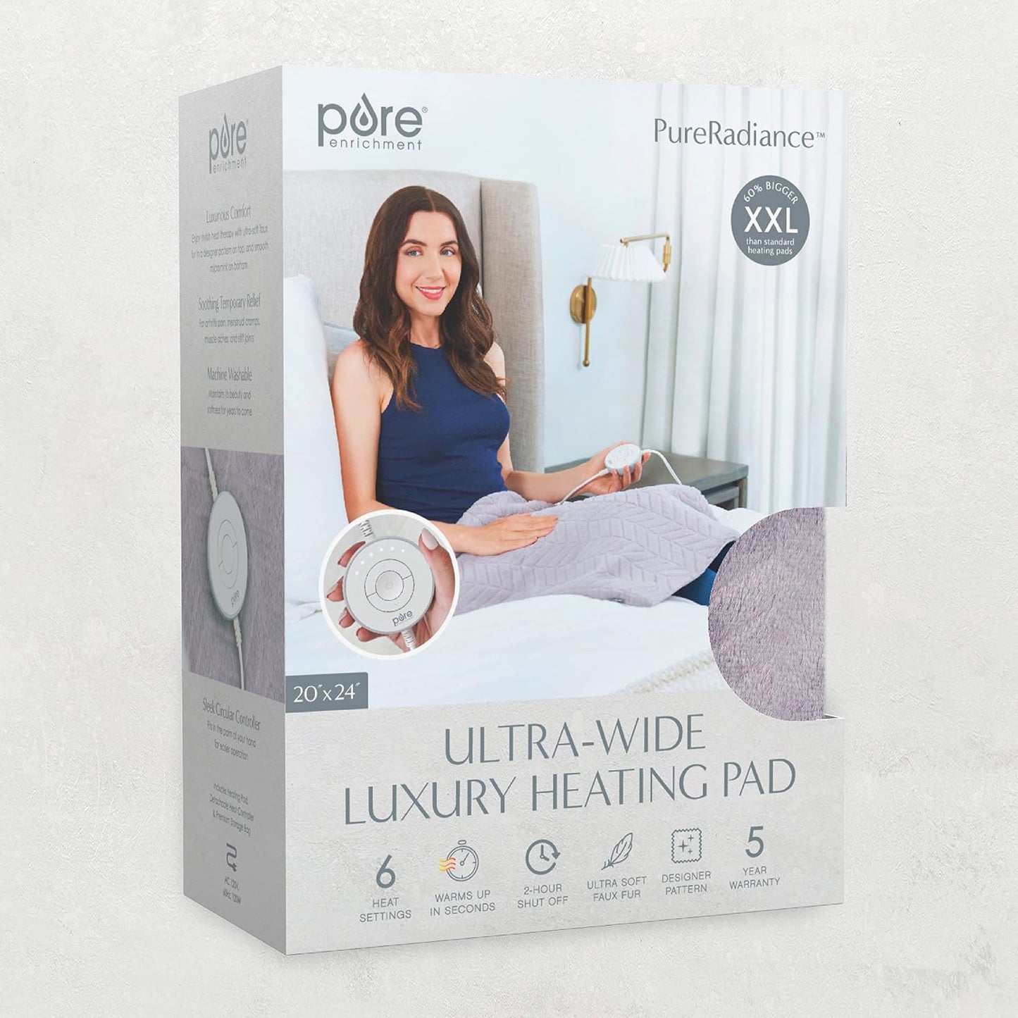 Pure Enrichment PureRadiance Luxury Heating Pad for Cramps, Back, Neck, & Shoulder Pain Relief, Patented Design, Soft Faux Fur & Micromink, 6 Heat Settings, Machine Washable, 12”x24” (Golden Sands)