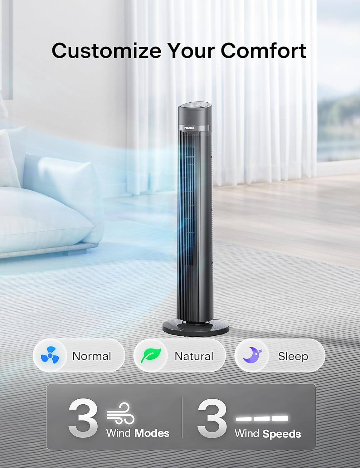 PELONIS 40 inch Bladeless Tower Fan for Bedroom, Standing Fan with Remote Control, 26ft/s, 90° Oscillation, 3 Speed Settings, 27dB, 3 Modes, 15-Hour Timer, LED Display, Fan that Blows Cold Air, White