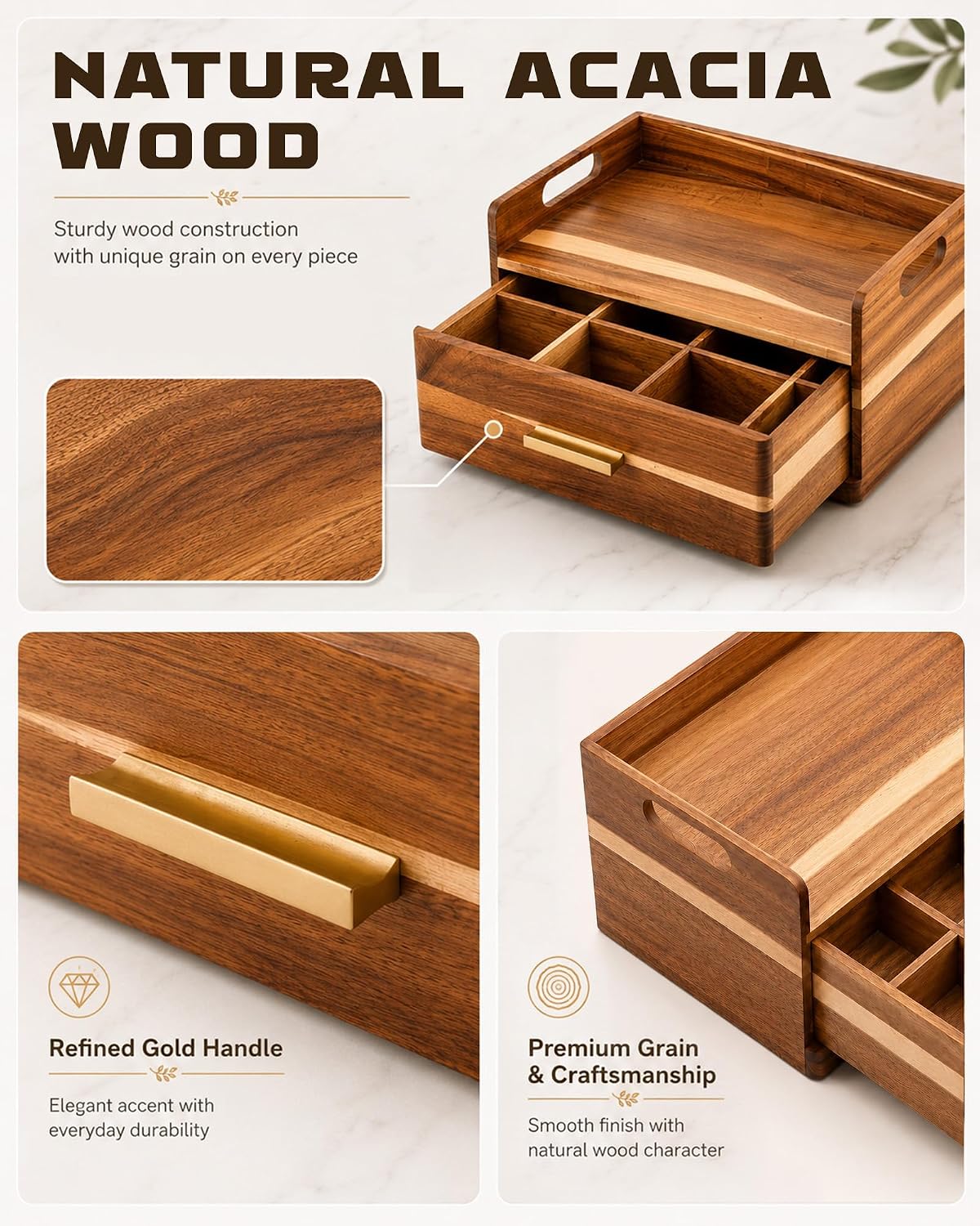 Acacia Wood Tea Bag Organizer for Countertop, Tea Holder Organizer with Storage Drawer