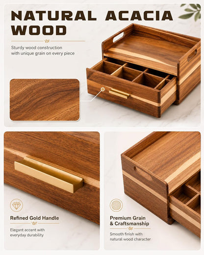 Acacia Wood Tea Bag Organizer for Countertop, Tea Holder Organizer with Storage Drawer