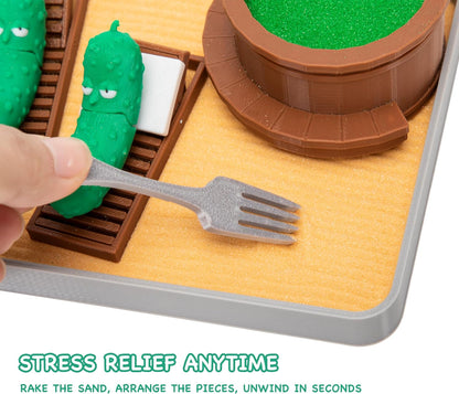 Stylor Pickle Zen Garden Office Desk Decor - Mini Decorative Therapy Sand Tray with Pickle Figurines and Wooden Barrel, Humorous Funny Stress Relief Gift Kit