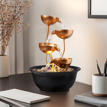 Tabletop Fountain Metal 4-Tier Cascading Bowl Water Feature Indoor Desktop Waterfall Fountain, Relaxing Zen Decor for Home Office Bedroom Meditation Gift, 9.8 Inch
