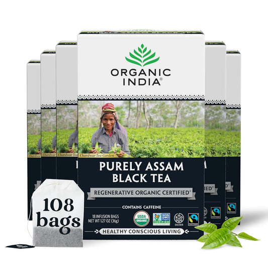 ORGANIC INDIA Tulsi Turmeric Ginger Herbal Tea - Stress Relieving & Harmonizing, Immune Support, Aids Digestion, Vegan, Caffeine-Free - 18 Infusion Bags, 6 Pack