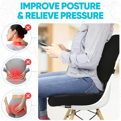 FORTEM Seat Cushion, Office Chair Cushion, Lumbar Support Pillow for Office Chair, Memory Foam Car Seat Cushions, Sciatica Coccyx Tailbone Pain Relief, Cushions for Back Support, Washable, Non Slip