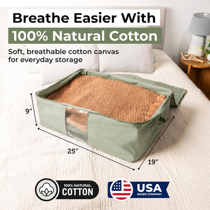 Soft Canvas Storage Bags with Zipper. Thick Breathable, 2pc King/Queen Comforter Organizer. Four Carrying Handles and Window. Large 25x19x9in Bag for Sheets Blankets Bedding Pillows, Clothes
