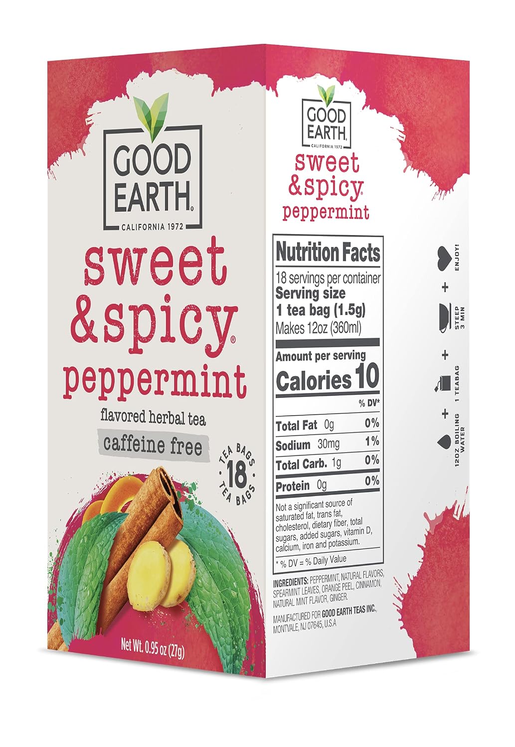 Good Earth Tea Sweet & Spicy Caffeine Free Peppermint Herbal Tea, 18 Teabags (Pack of 6)