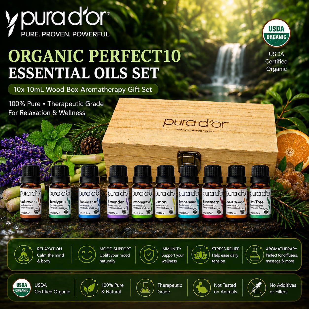 PURA D'OR Organic Perfect10 Essential Oils Set - 10x 10mL Wood Box Aromatherapy Gift Set - 100% Pure Therapeutic Grade for Relaxation and Wellness (Lavender, Peppermint, Eucalyptus, Tea Tree & More)
