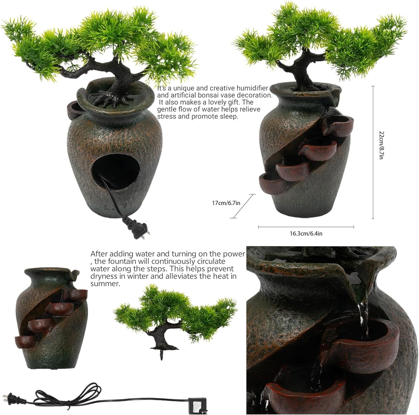 Mini Artificial Bonsai Tree Waterfall Fog Feature Rock Tabletop Fountain | 11in Desktop Decor Waterfall Fountain W/ Water Pump& Atomizer&LED Lights &Fake Tree Office Bedroom Relax