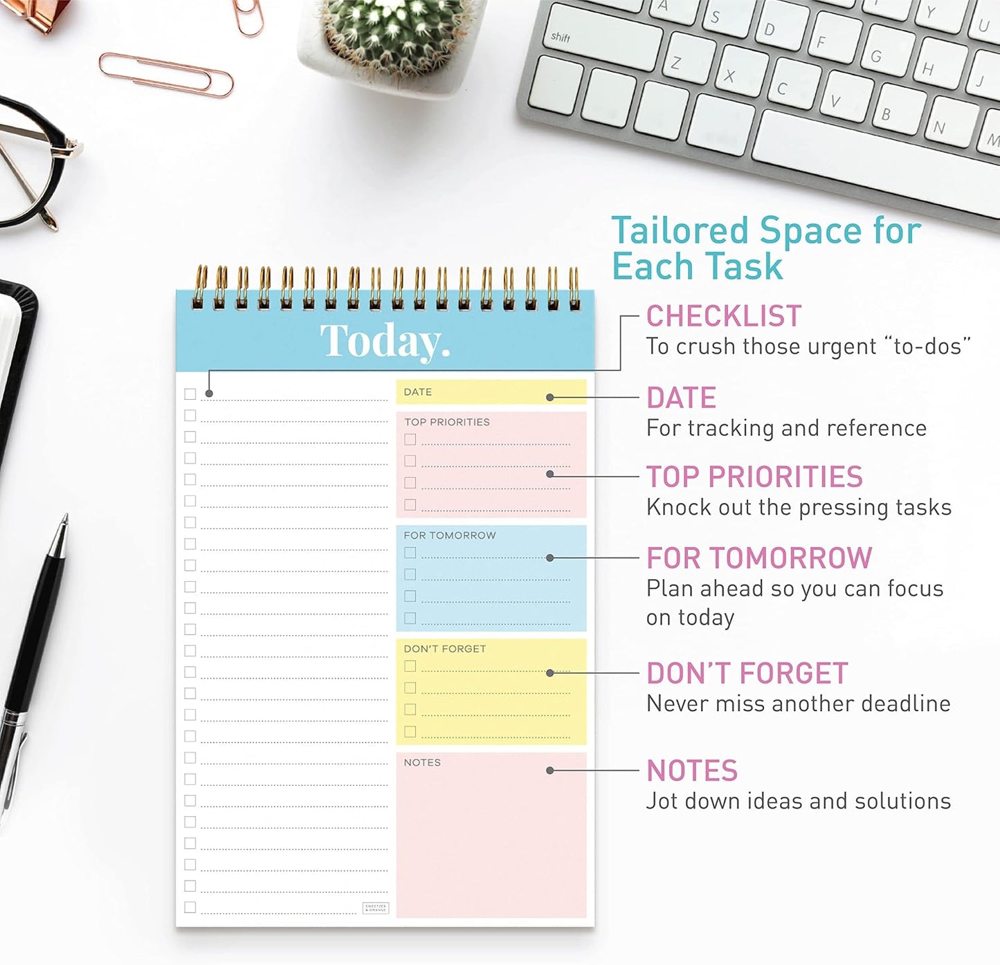 Sweetzer & Orange Daily & Weekly To Do List Notepad – Undated Work Planner & Organizer with Wish List Section, 52-Sheet Coiled Task Pad for Productivity – SET OF 4 To Do List Notebook for Work