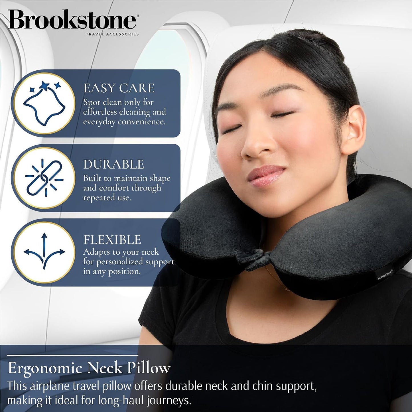 Brookstone Travel Neck Pillow - Lightweight U-Shaped Memory Foam Travel Pillow for Airplane, Car Travels & Sleeping, Blue