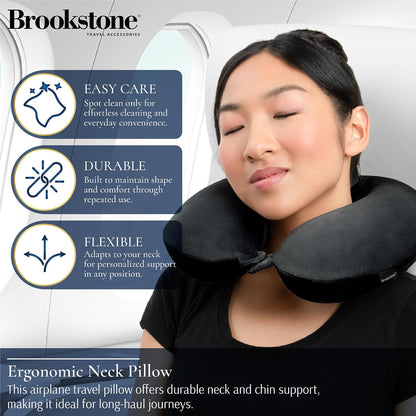 Brookstone Travel Neck Pillow - Lightweight U-Shaped Memory Foam Travel Pillow for Airplane, Car Travels & Sleeping, Blue