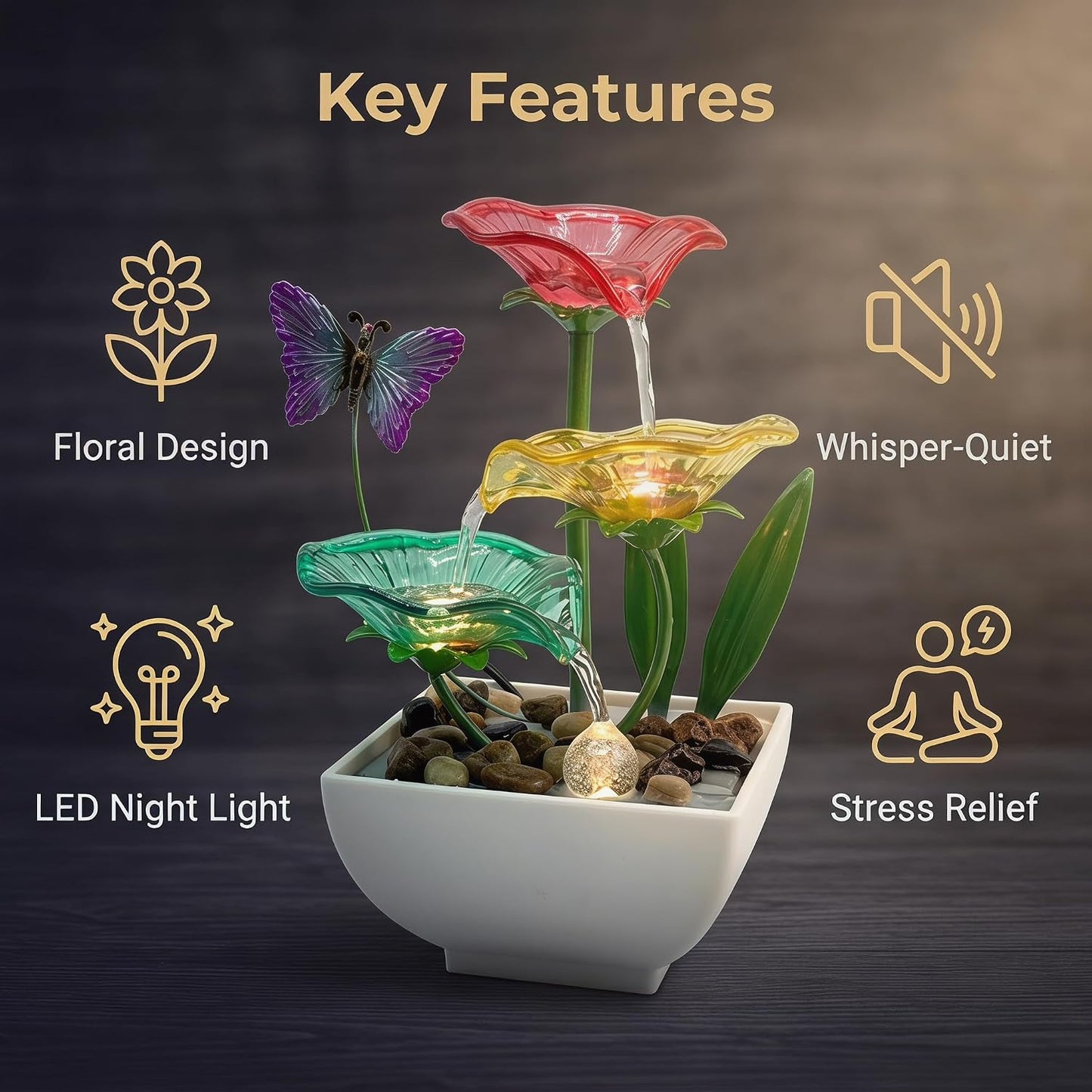 Tabletop Fountain,Indoor Water Fountain,Home Fengshui Décor Zen Relaxation Soothing Sound Machine for Office,Living Room,or Bedroom,Green Lotus,Hummingbird & Pink Flower,9.1inch